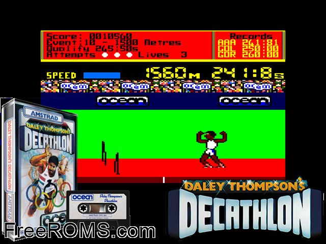 Daley Thompson's Decathlon (UK) (1985) [h1] Amstrad CPC game showing 3D box cover and gameplay screenshot